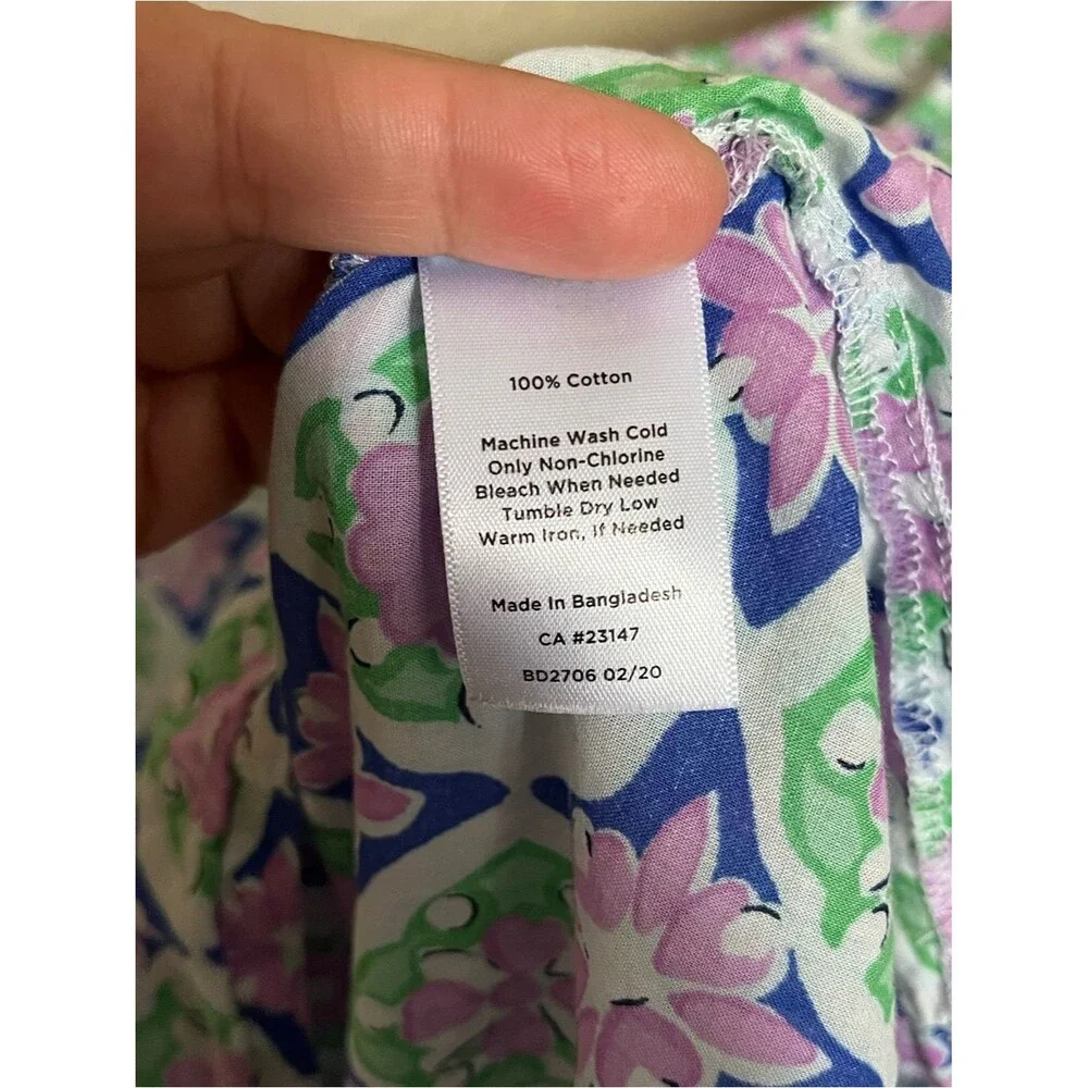 Talbots Cotton Purple/Green Floral Split Neck Pin-Tuck Top Shirt Blouse Size L